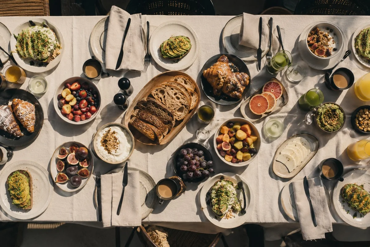 Grande table de brunch méditerranéen vue du dessus